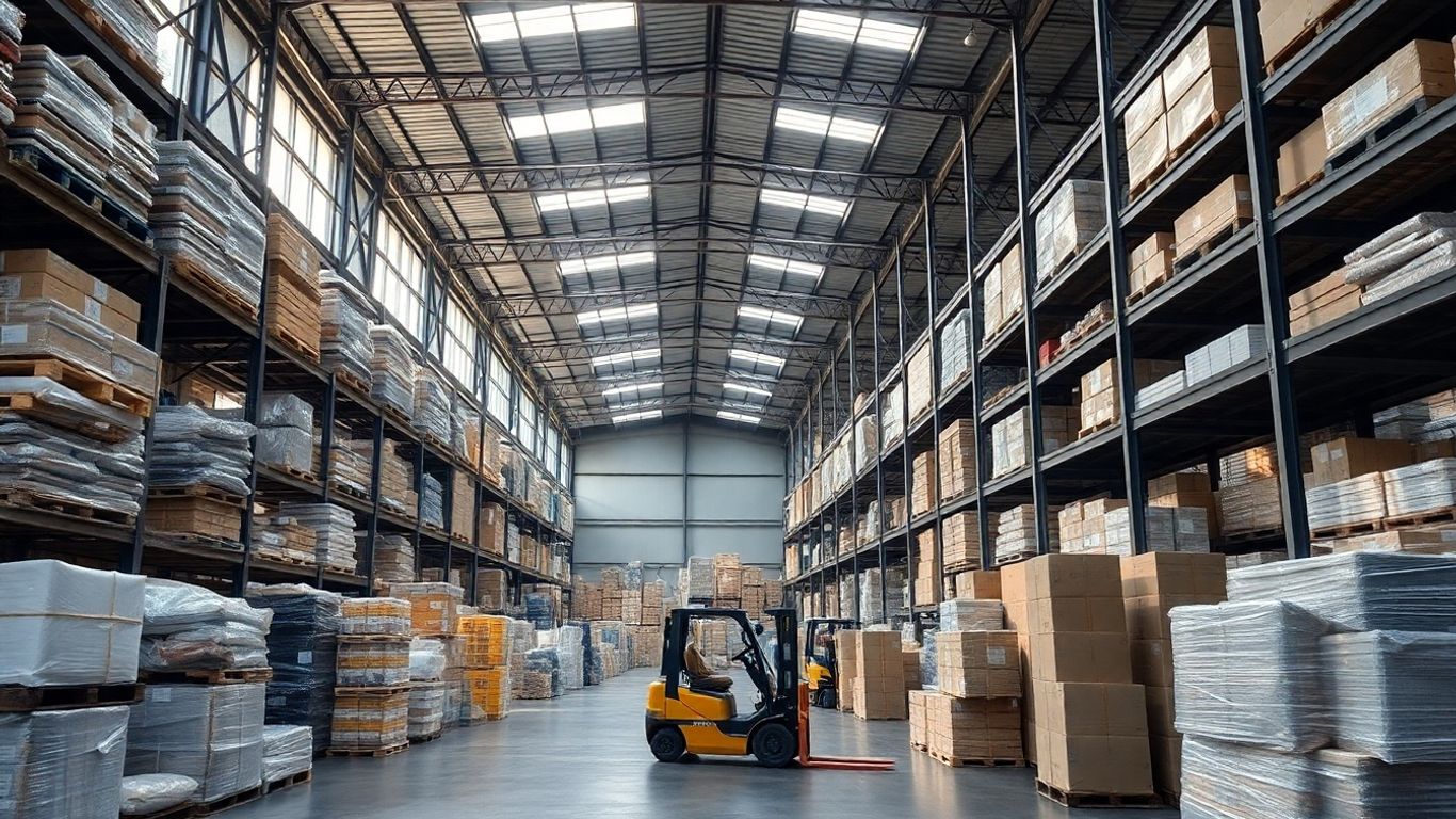 Interior of a large warehouse with goods and forklifts.