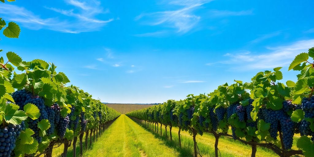 Vineyard rows with ripe grapes under blue sky.