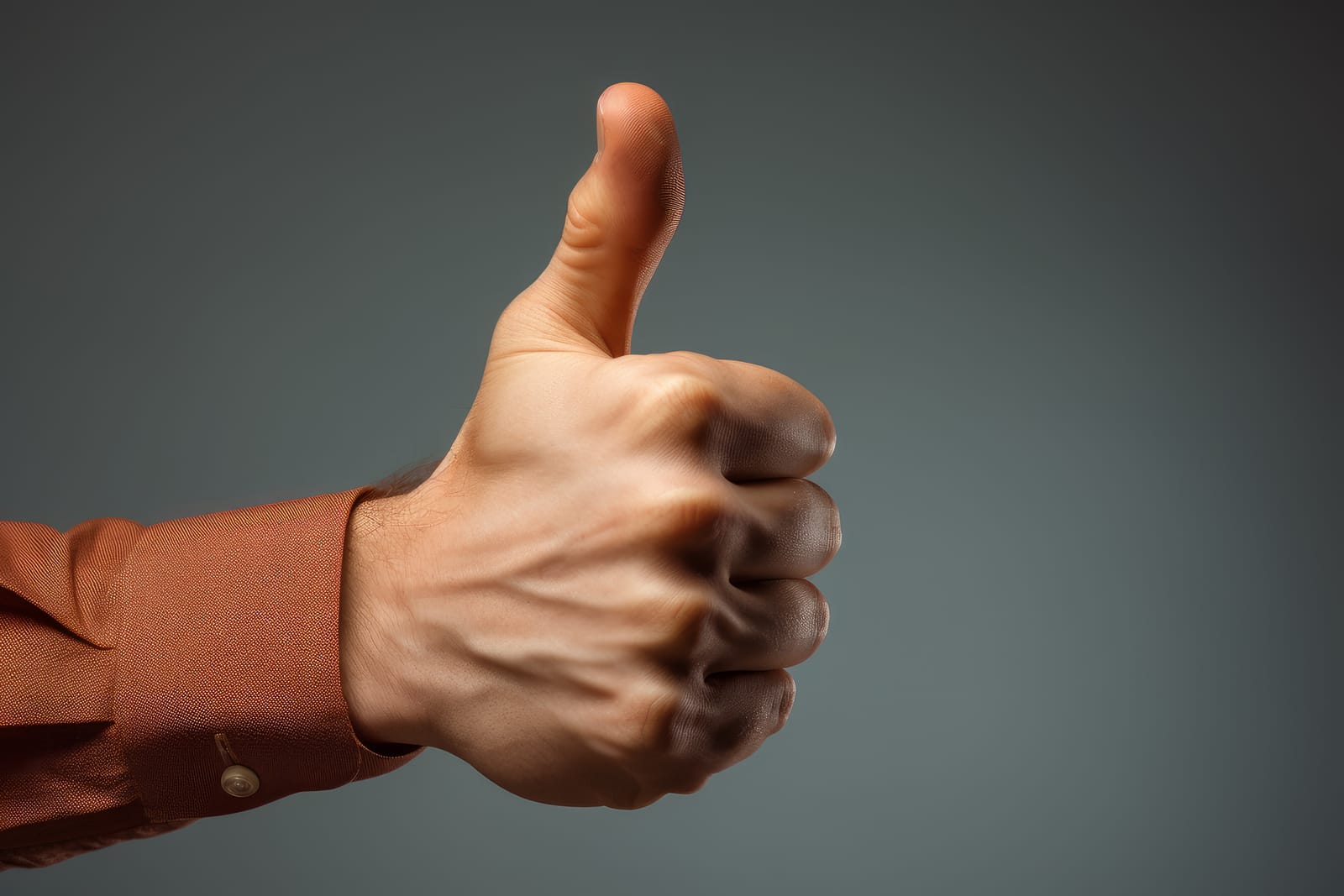 A close-up of a person's hand showing a thumbs up gesture, wearing an orange shirt against a gray background, symbolizing approval of a distribution agreement.