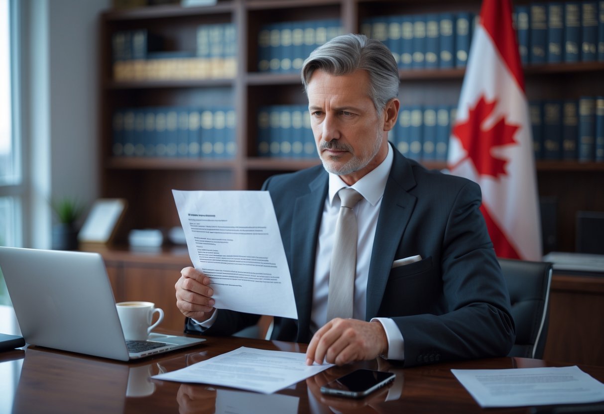 A lawyer in an office reviewing a letter with a serious expression, sitting at a desk with documents, a laptop, and a Canadian flag in the background.